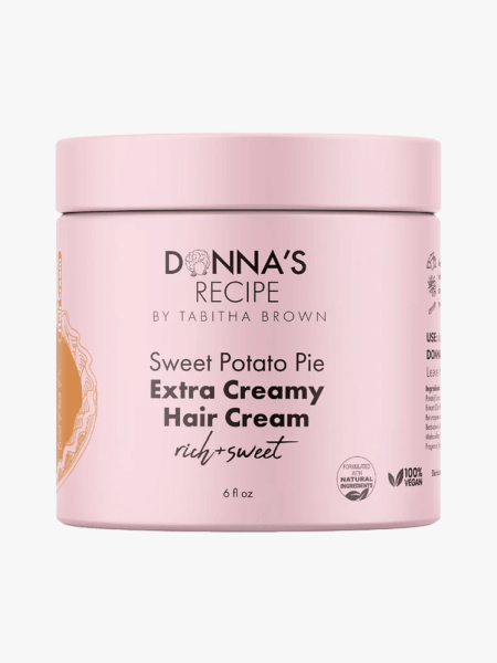 Donna's Recipe Hair cream pink tub component with black branding on light gray background
