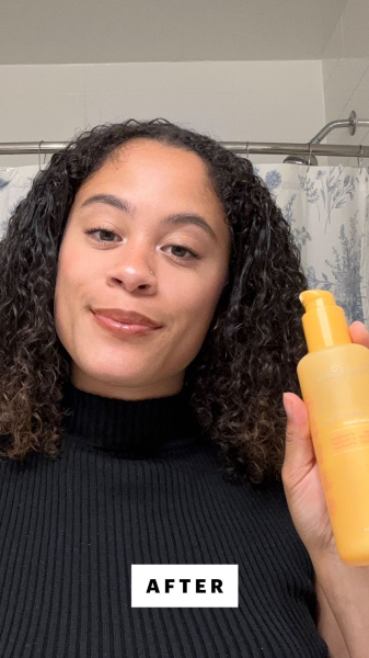 Allure commerce editorial assistant Hailey Roy after applying the Rizos Curls 6in1 Styling Cream