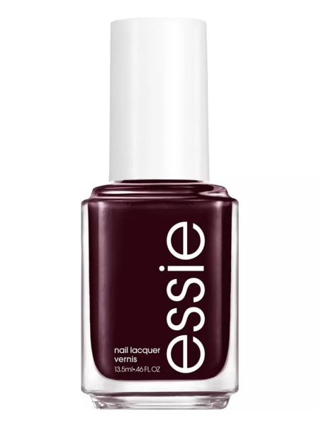 Essie Nail Polish in Wicked rectangle bottle of eggplant nail polish with white cap on white background