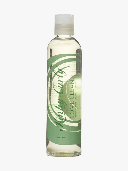 Kinky-Curly Come Clean Natural Moisturizing Shampoo clear and green bottle of shampoo on light gray background