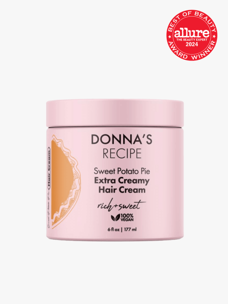 Donna’s Recipe Sweet Potato Pie Extra Creamy Hair Cream in branded tub component with 2024 best of beauty seal in the top right corner on a light gray background