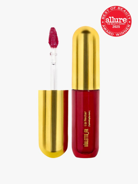 Violette_FR LIP NECTAR Hydrating Lip Stain vial of berry lip stain with gold cap on light gray background
